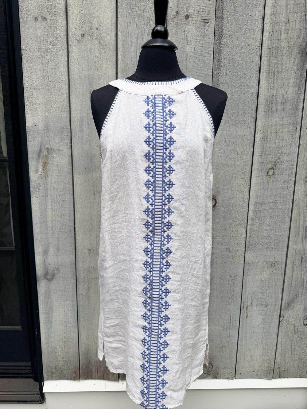Sigrid Olsen White Linen Mini Dress with Blue Embroidered Center Panel